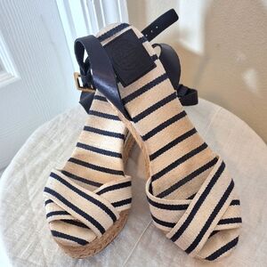 Tory Burch White And Navy Blue Stripe Espredrille Platform Wedges Size 9